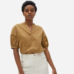 Everlane Tan Cotton Lightweight Puff Sleeve Split Neck Top Blouse Size 10